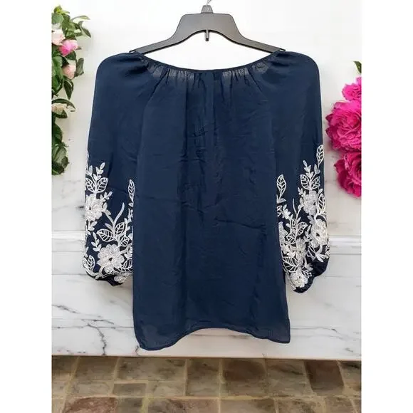 New York Clothing Co. Blue Womens Embroidered Mid-Sleeve Blouse Top Sz Small NEW - Picture 5 of 6